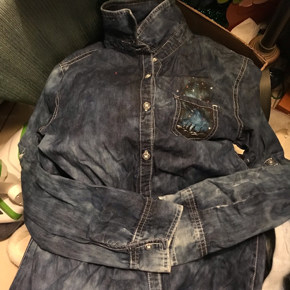 Hand-Painted Indigo Denim Button-Up Shirt